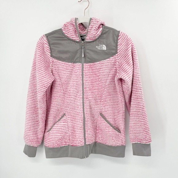 The North Face Other - North Face Oso Fleece Fuzzy Striped Hooded Zip Jacket Sz L 10 Girls Pink Pockets